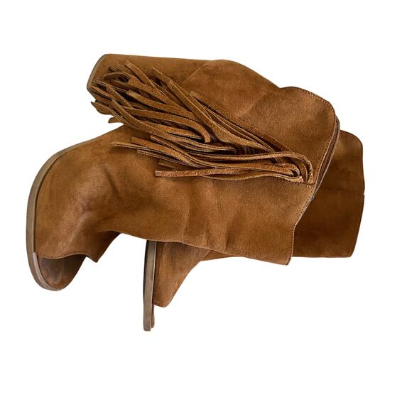 Leather soft brown boots w cutout toe fringe on sides, wedge heel cowboy sz 8 - Picture 4 of 6